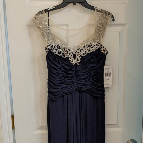 One by Eight |Navy Rhinestone Mesh Ruched Floor Length Gown Sz 4 - Picture 2 of 7